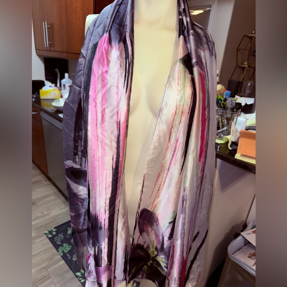 Abstract floral silk scarf large size versatile approx  28" wide by 78" long.